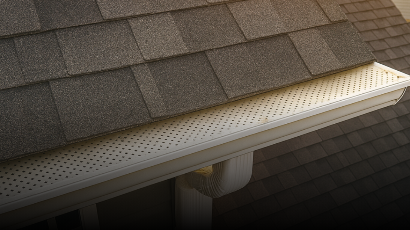 Low-profile gutter guard installed along a shingle roofline