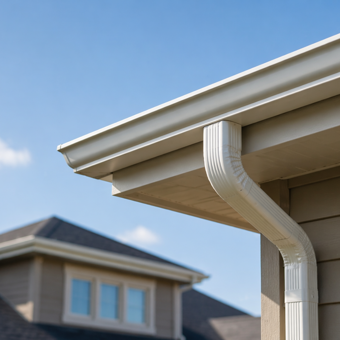 Clean white seamless gutter and downspout on a residential roofline